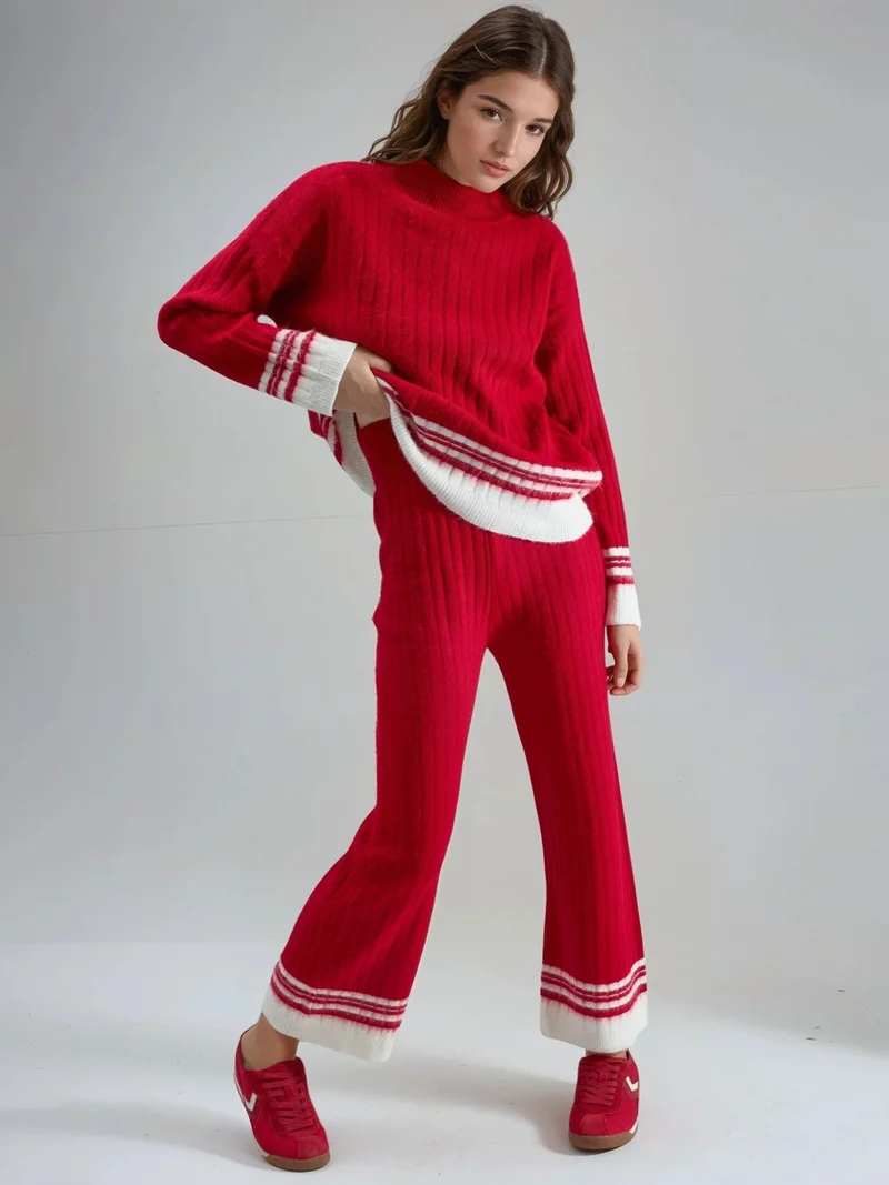 MY FASHION Striped Ribbed Knit Co-Ord Set with Half Turtleneck